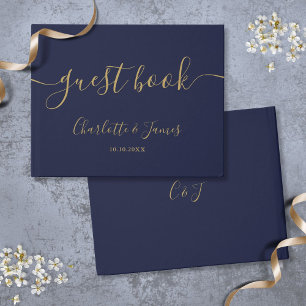 Navy Blue And Gold Signature Script Wedding Guest Book