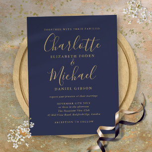 Navy Blue and Gold Signature Script Wedding Invitation Postcard