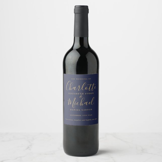 Navy Blue And Gold Signature Script Wedding Wine Label (Front)