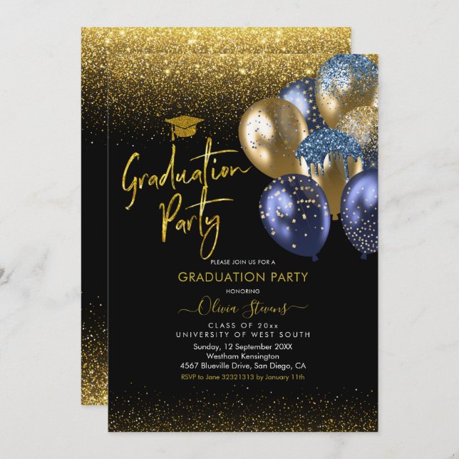 Navy Blue and Gold Sparkling Graduation Party Invitation (Front/Back)