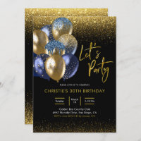 Navy Blue and Gold Sparkling Let's Party Invitatio