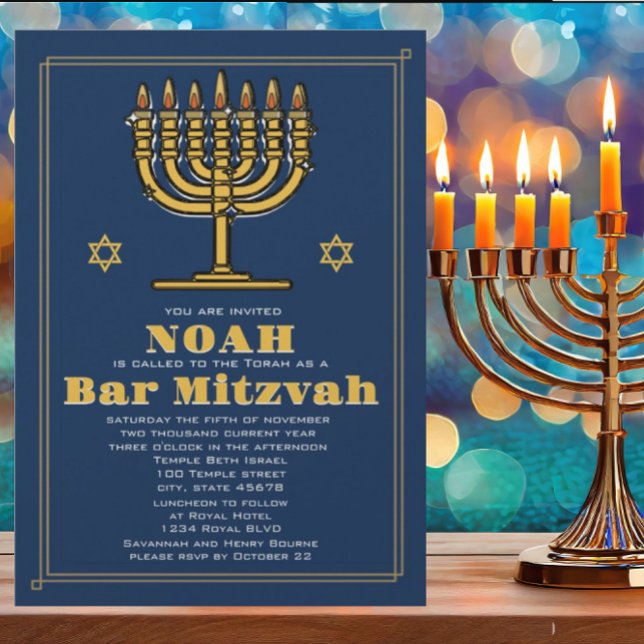 Navy Blue and Gold Star of David Bar Mitzvah Invitation (Creator Uploaded)