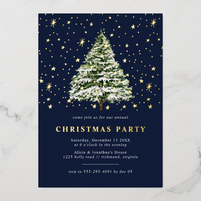Navy Blue and Gold Stars | Modern Christmas Party (Front)