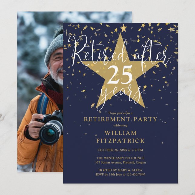 Navy Blue And Gold Stars Photo Retirement Party Invitation (Front/Back)