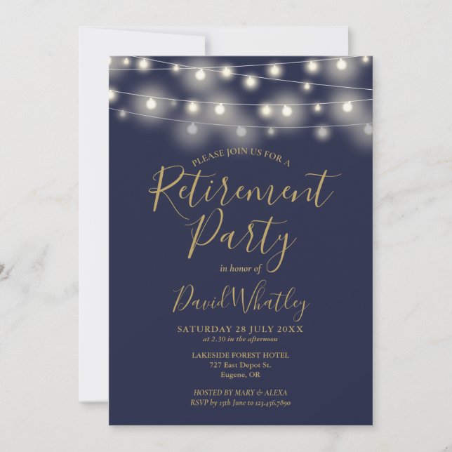 Navy Blue And Gold String Lights Retirement Party Invitation (Front)