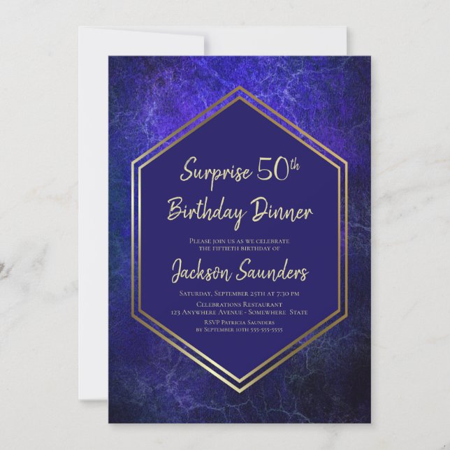 Navy Blue and Gold Surprise 50th Birthday Dinner Invitation (Front)