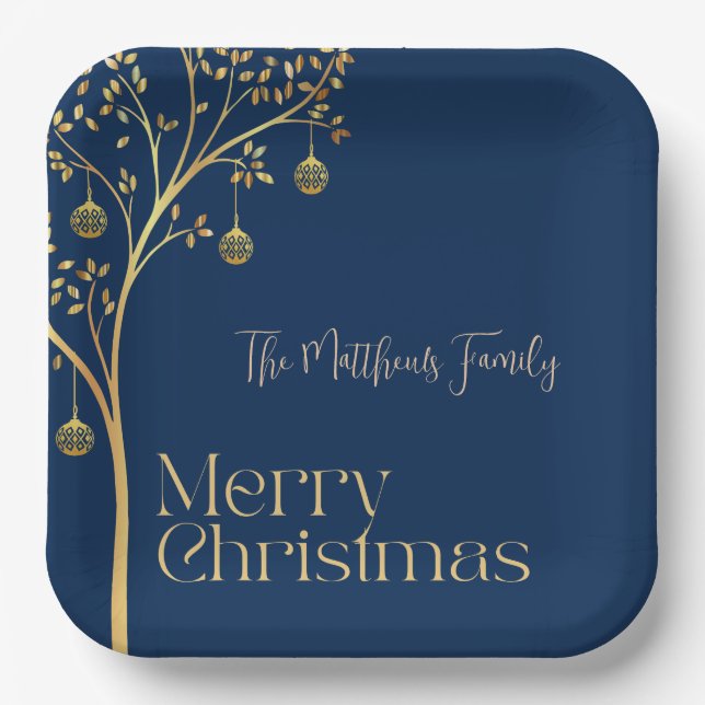 Navy Blue And Gold tree Christmas Script Name  Paper Plate (Front)