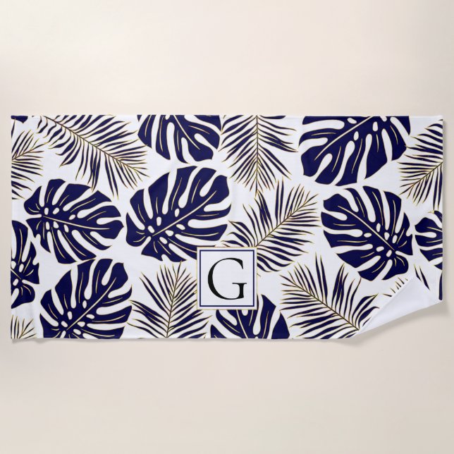 Navy blue and gold tropical leaves and monogram beach towel (Front)