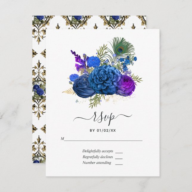 Navy Blue and Gold Vintage Peacock RSVP Card (Front/Back)