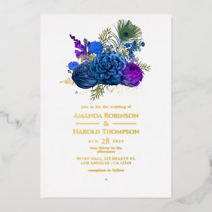 Navy Blue and Gold Vintage Peacock Wedding Foil In
