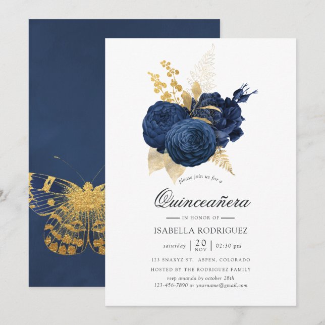 Navy Blue and Gold Vintage Rose Quinceañera Invitation (Front/Back)