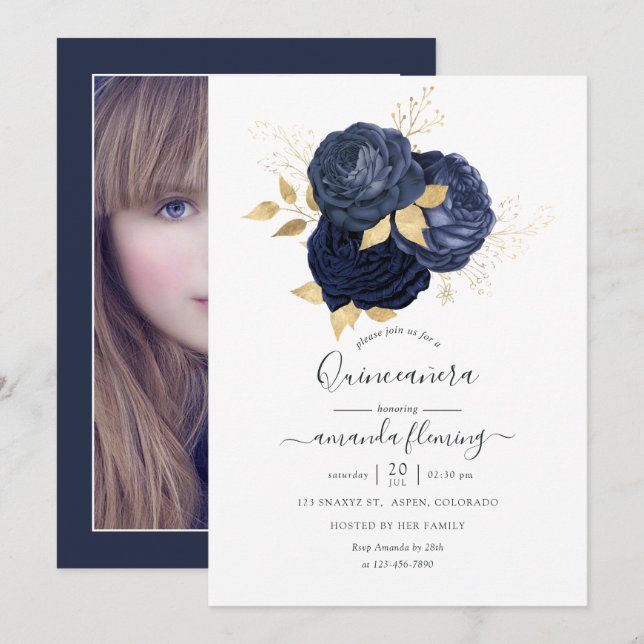 Navy Blue and Gold Vintage Rose Quinceañera Photo Invitation (Front/Back)