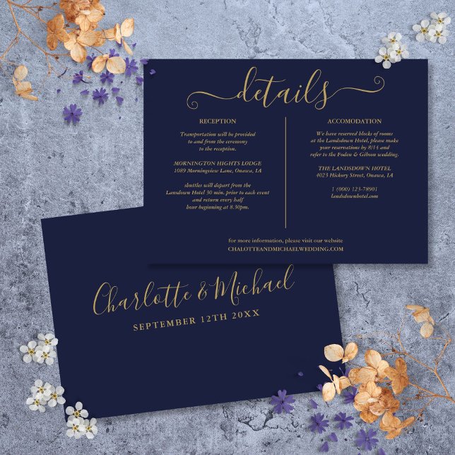 Navy Blue And Gold Wedding Details Information Invitation (Navy Blue And Gold Wedding Details Information Invitation)