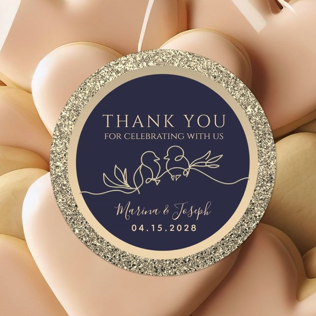 Navy Blue and Gold Wedding Favour Classic Round Sticker (Creator Uploaded)