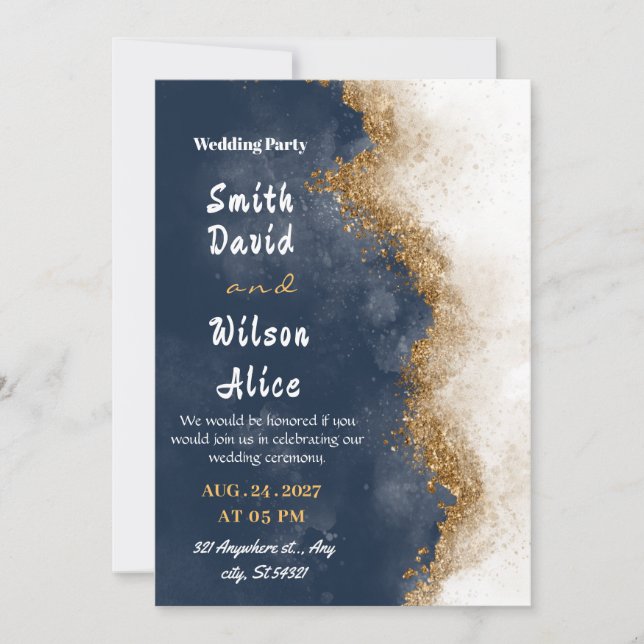 Navy Blue and Gold wedding Invitation (Front)