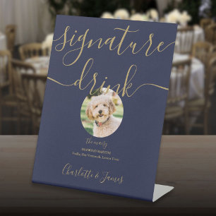 Navy Blue And Gold Wedding Pet Signature Drink Pedestal Sign