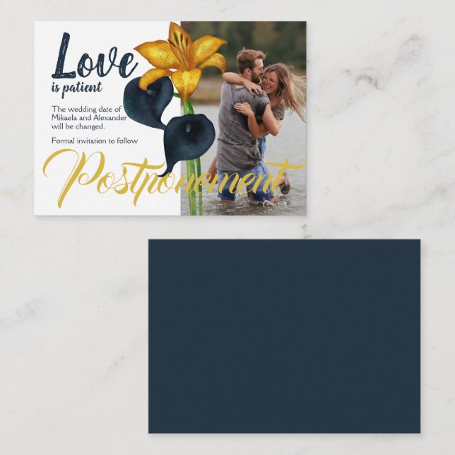Navy Blue and Gold Wedding Postponement Advice Card (Front/Back)