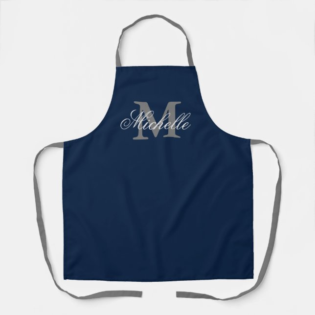 Navy blue and gray custom name monogram kitchen apron (Front)