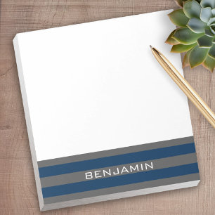 Navy Blue and Gray Rugby Stripes with Custom Name Notepad