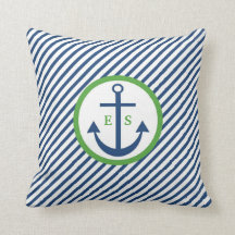 Navy Blue and Green Anchor Monogram Pillow