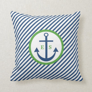 Navy Blue and Green Anchor Monogram Pillow