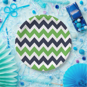 Navy Blue and Green Chevron Paper Plate