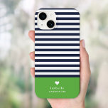 Navy Blue and Green Chic Stripes Heart Monogram Case-Mate iPhone 14 Case<br><div class="desc">Stylish custom phone case in green, navy blue and white colours. This design features a preppy classic navy and white striped pattern. Personalise it with your name monogram or other custom text with a cute heart symbol. Use the design tools to choose any background colours, edit the text fonts and...</div>