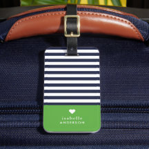 Navy Blue and Green Chic Stripes Heart Monogram