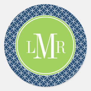 Navy Blue and Green Circles Pattern Monogram Classic Round Sticker