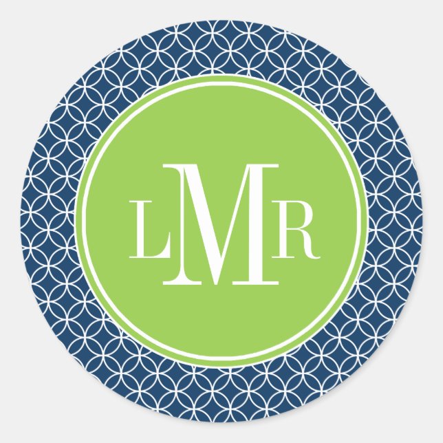 Navy Blue and Green Circles Pattern Monogram Classic Round Sticker (Front)