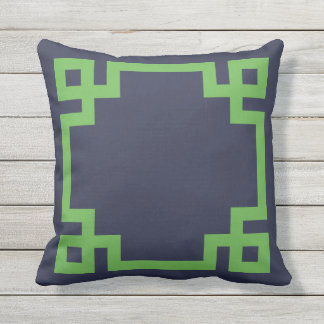 Navy Blue and Green Greek Key Border Outdoor Cushion