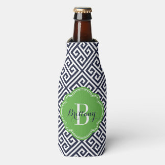 Navy Blue and Green Greek Key Monogram Bottle Cooler