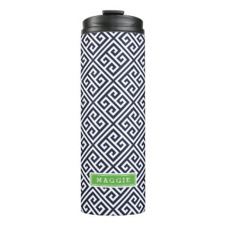 Navy Blue and Green Greek Key Monogram Thermal Tumbler