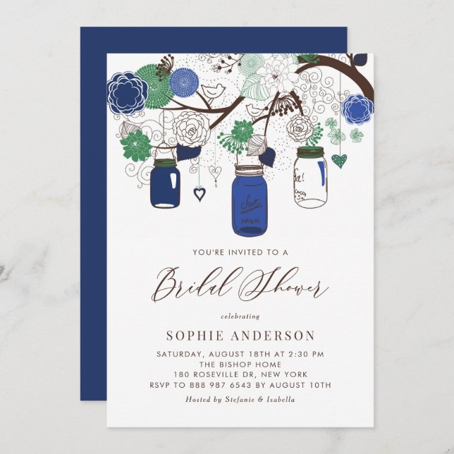 Navy Blue and Green Mason Jars Bridal Shower Invitation (Front/Back)