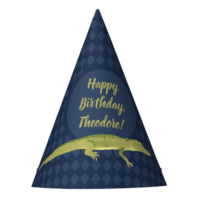 Navy Blue and Green Men's Alligator Birthday Party Hat (Front)