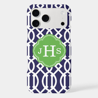 Navy Blue and Green Modern Trellis Monogram