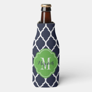 Navy Blue and Green Moroccan Quatrefoil Monogram Bottle Cooler