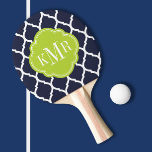 Navy Blue and Green Moroccan Quatrefoil Monogram Ping Pong Paddle