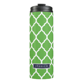 Navy Blue and Green Moroccan Quatrefoil Monogram Thermal Tumbler