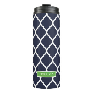 Navy Blue and Green Moroccan Quatrefoil Monogram Thermal Tumbler