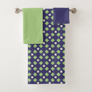Navy Blue and Green Mosaic Bath Towel Set