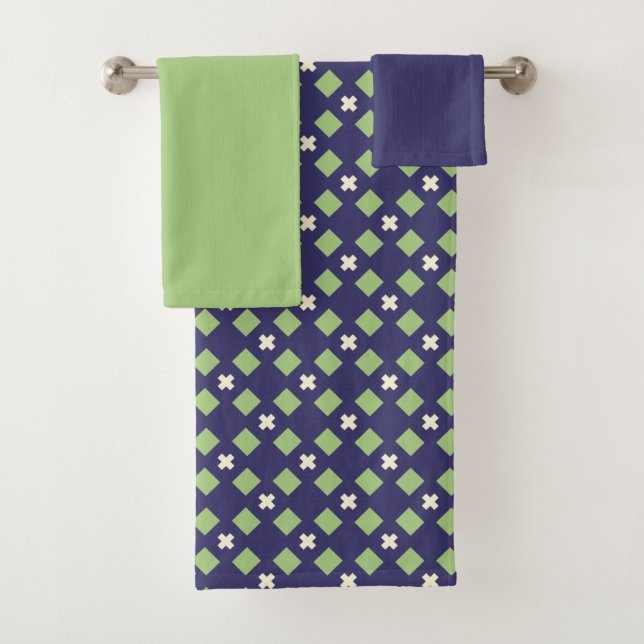 Navy Blue and Green Mosaic Bath Towel Set (Insitu)