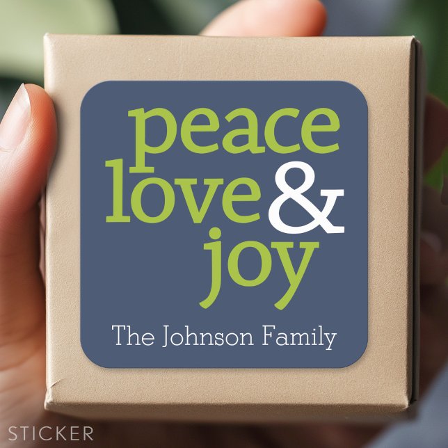Navy Blue and Green - Peace, Love and Joy Square Sticker (Custom Sticker)