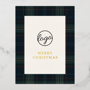Navy Blue and Green Plaid Business Christmas Foil Holiday Postcard