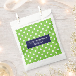Navy blue and green polka dot personalised favour bags