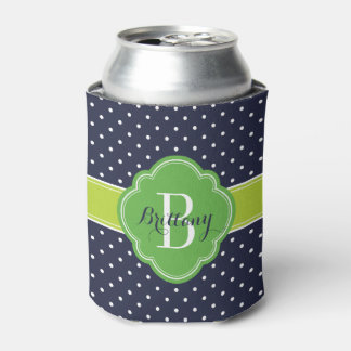Navy Blue and Green Polka Dots Monogram Can Cooler