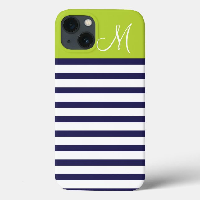 Navy Blue and Green Preppy Stripes Monogram Case-Mate iPhone Case (Back)