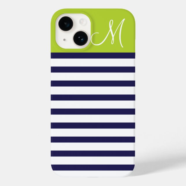 Navy Blue and Green Preppy Stripes Monogram Case-Mate iPhone Case (Back)