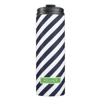 Navy Blue and Green Preppy Stripes Monogram Thermal Tumbler