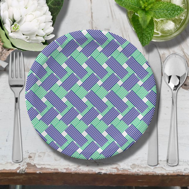 Navy Blue and Green Stripes Paper Plate (Blue and green diagonal stripes paper plates)